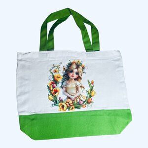 Large Canvas Tote Bag with Floral Girl Art | Hand Pressed | 17”x14” | New